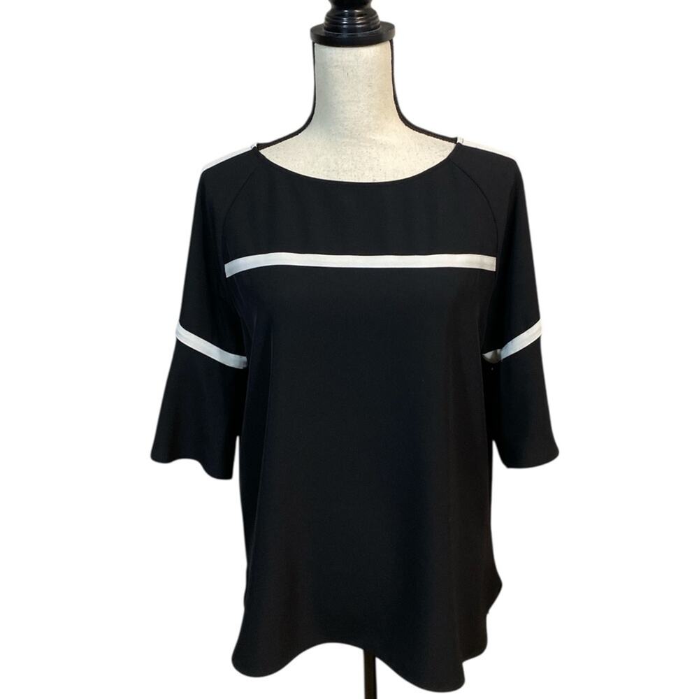 Calvin Klein Black and Cream Bow Sleeve Stretch Crepe Blouse Size Medium